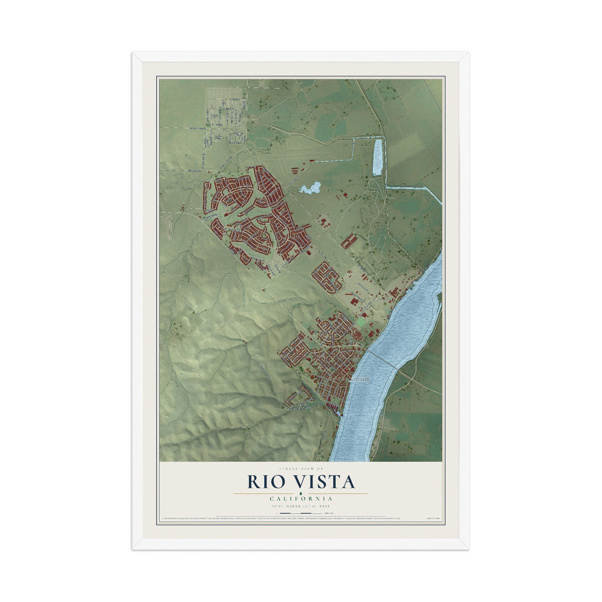 Map of Rio Vista, California, 12 x 18 inch print in a white wood frame
