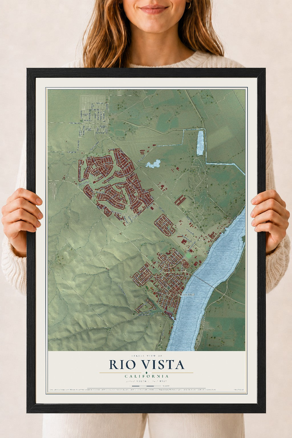 Map of Rio Vista, California, 18 x 24 inch print in a black wood frame