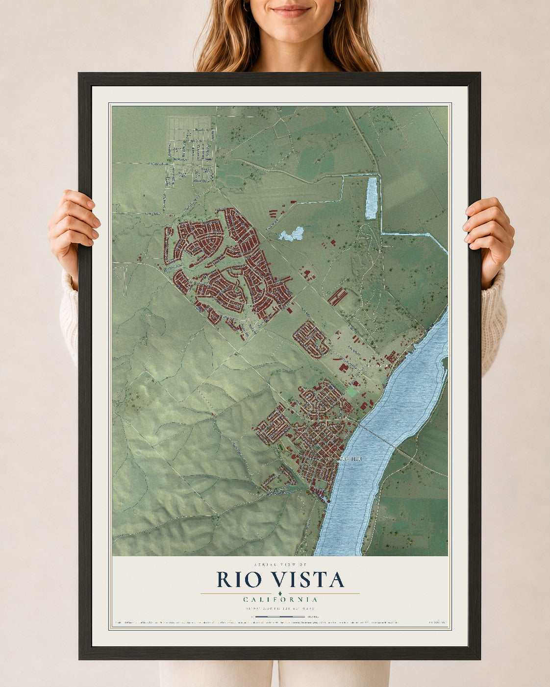 Map of Rio Vista, California, 24 x 36 inch print in a black wood frame