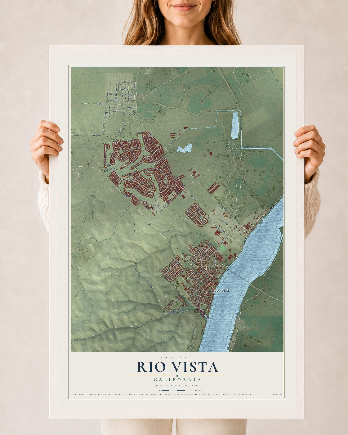 Map of Rio Vista, California, 24 x 36 inch print in a white wood frame