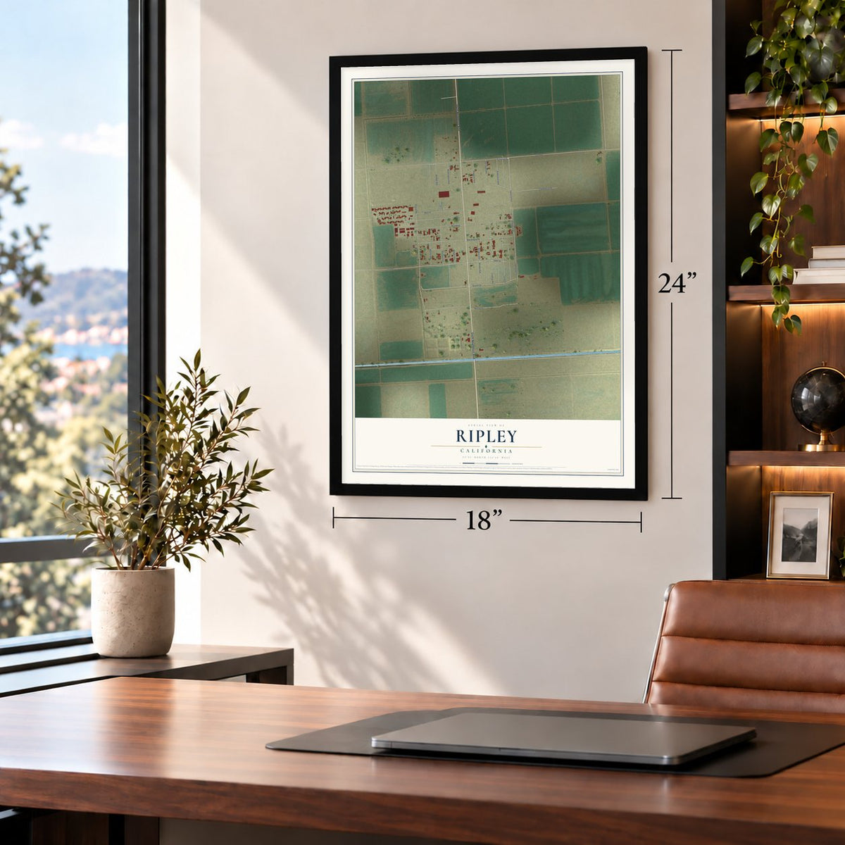 Ripley, California map, 18 x 24 inch print in a black frame in a home office