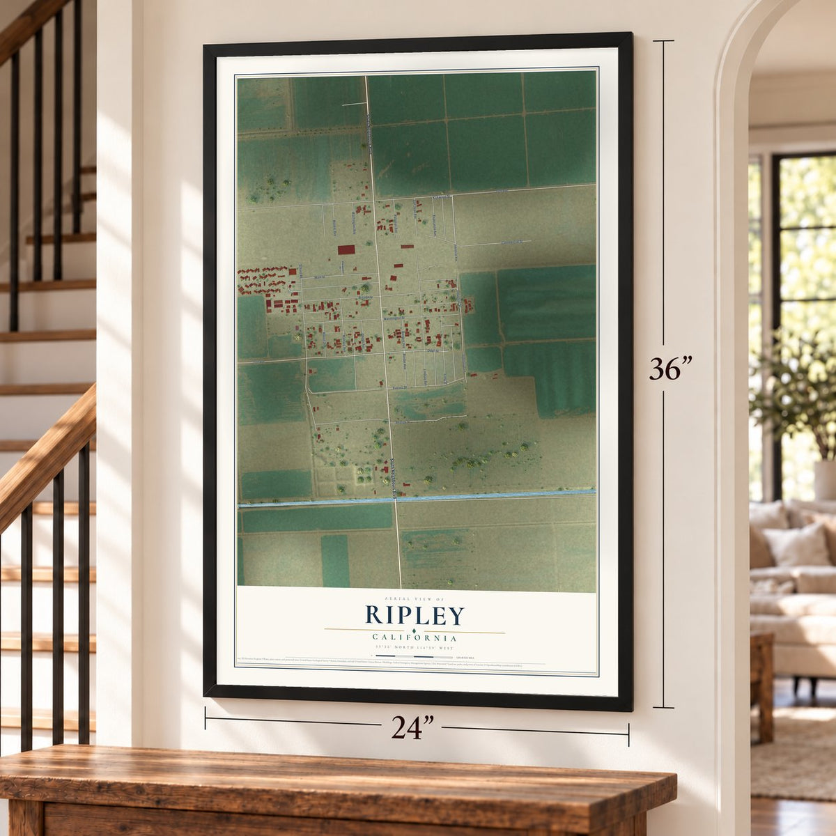 Ripley, California map, 24 x 36 inch print in a black frame by a staircase