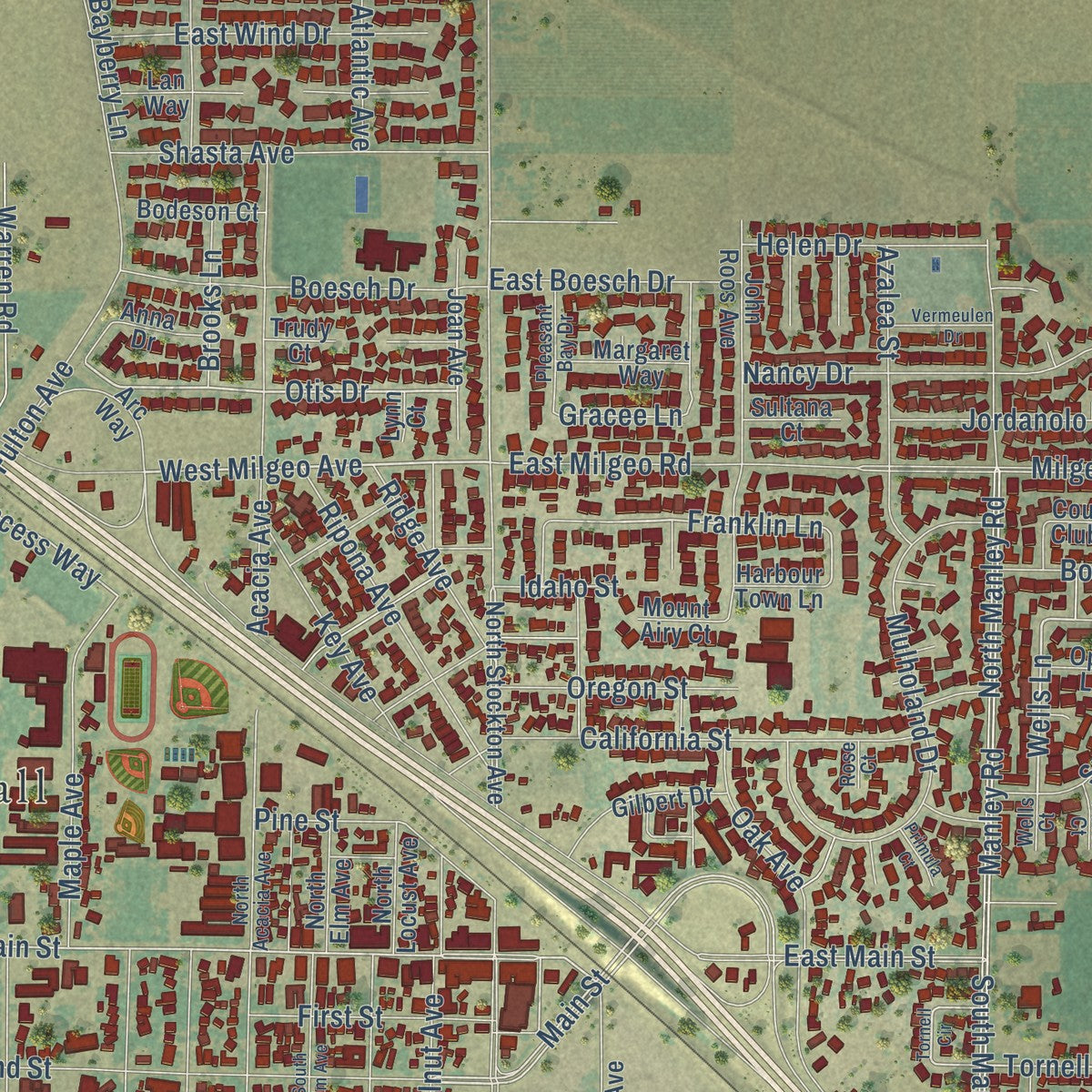 Close-up of the map of Ripon, California print showing street and building detail