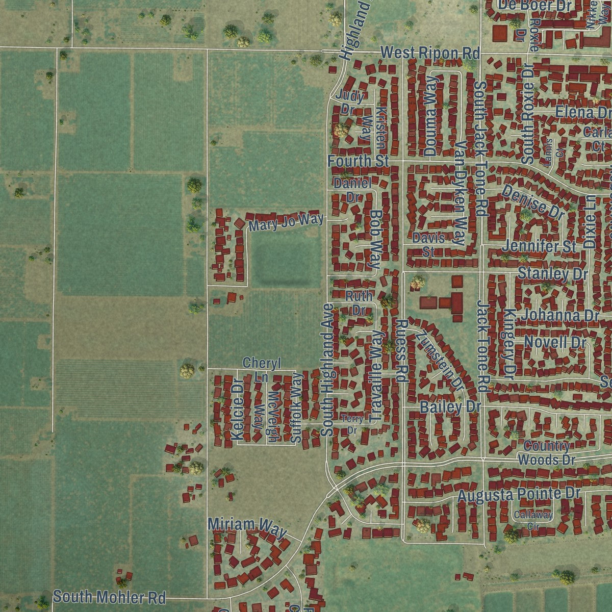 Second close-up of the map of Ripon, California print showing more streets and buildings