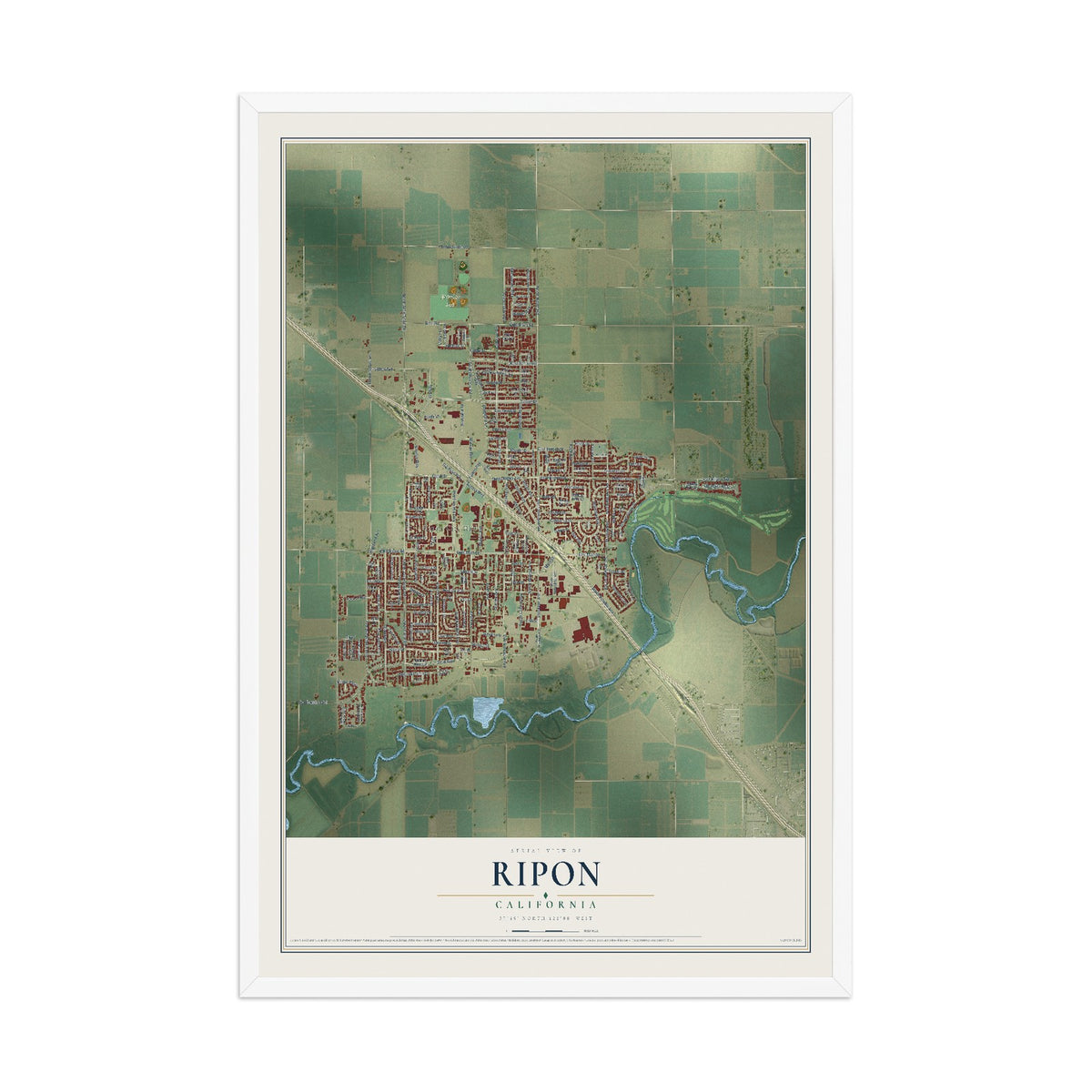 Map of Ripon, California, 12 x 18 inch print in a white wood frame