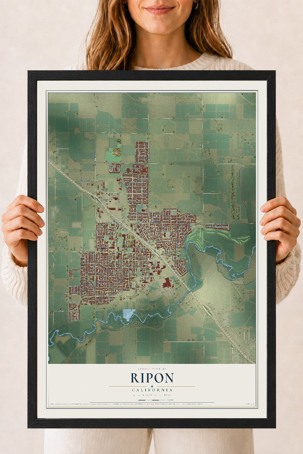 Map of Ripon, California, 18 x 24 inch print in a black wood frame