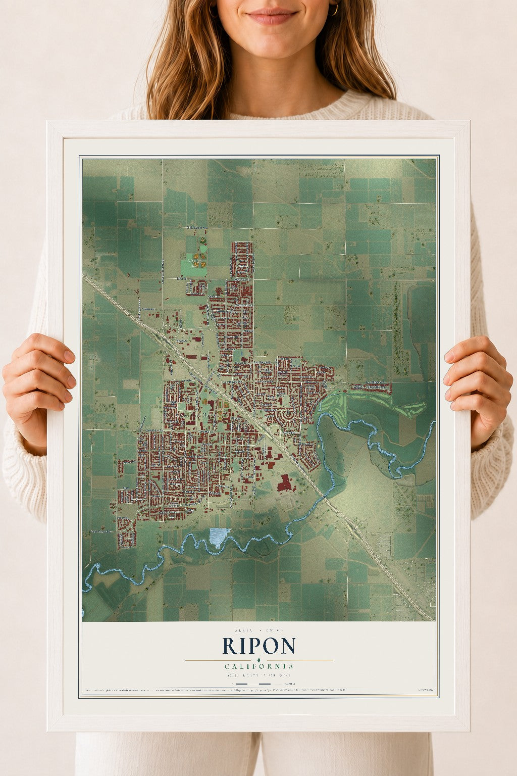 Map of Ripon, California, 18 x 24 inch print in a white wood frame