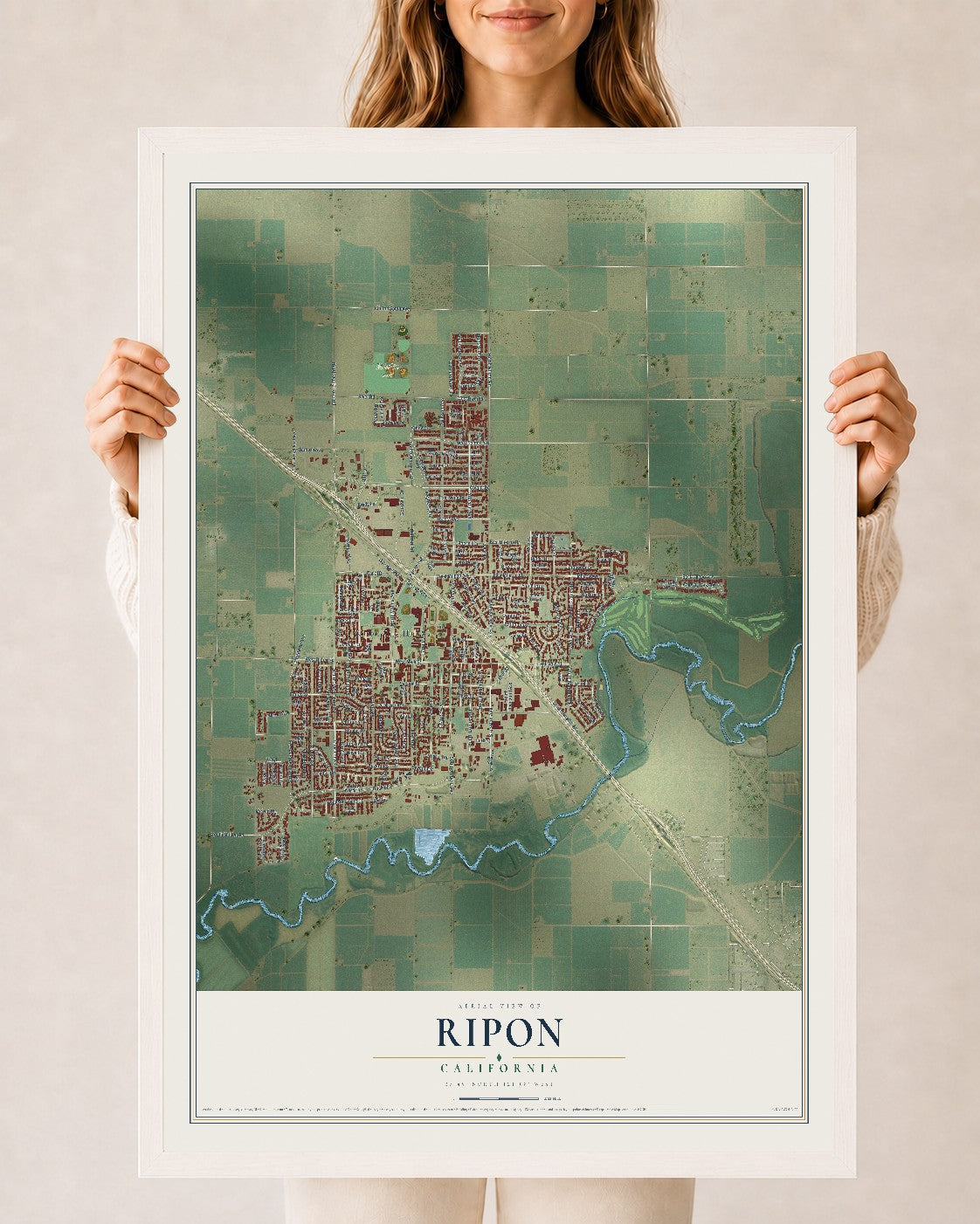 Map of Ripon, California, 24 x 36 inch print in a white wood frame