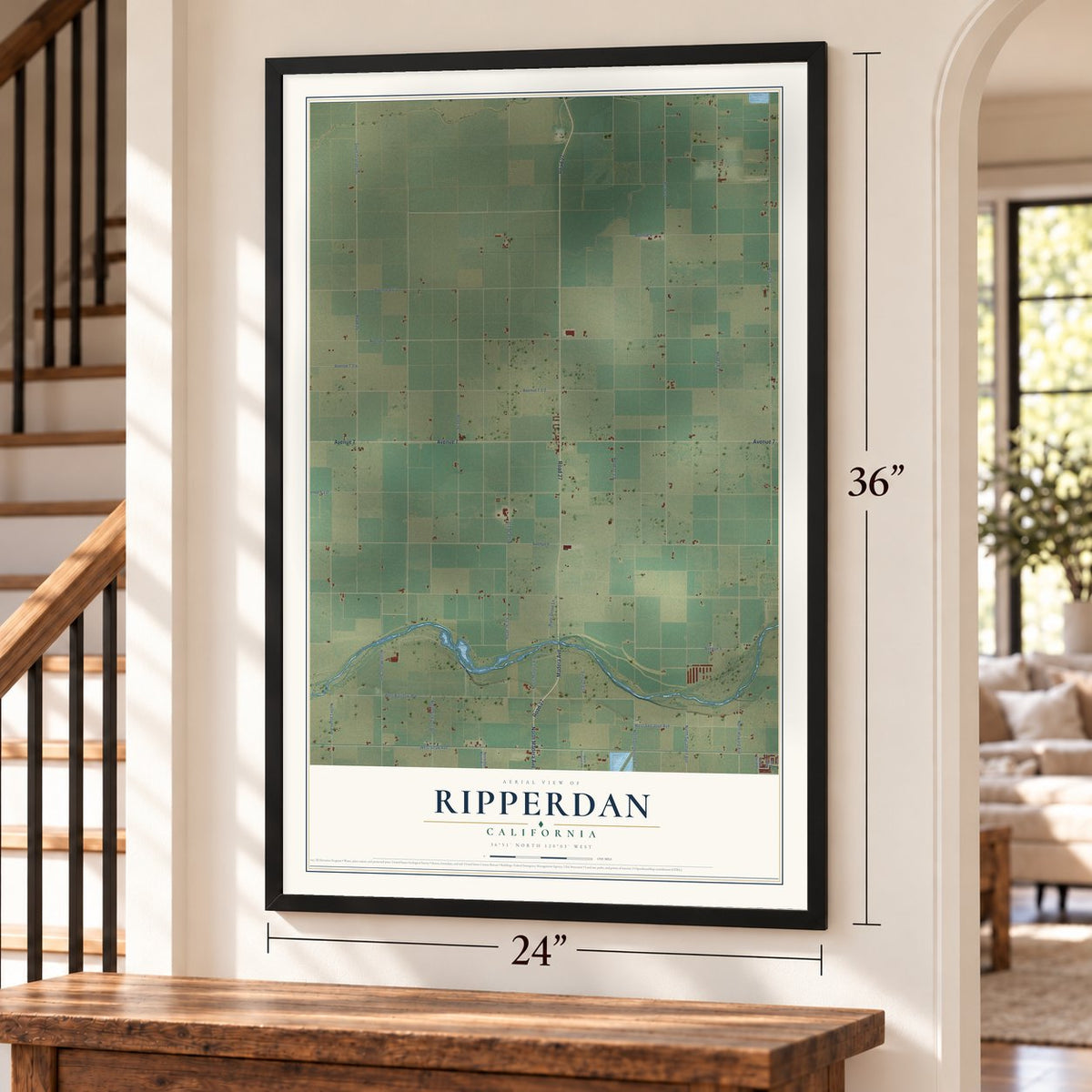 Ripperdan, California map, 24 x 36 inch print in a black frame by a staircase