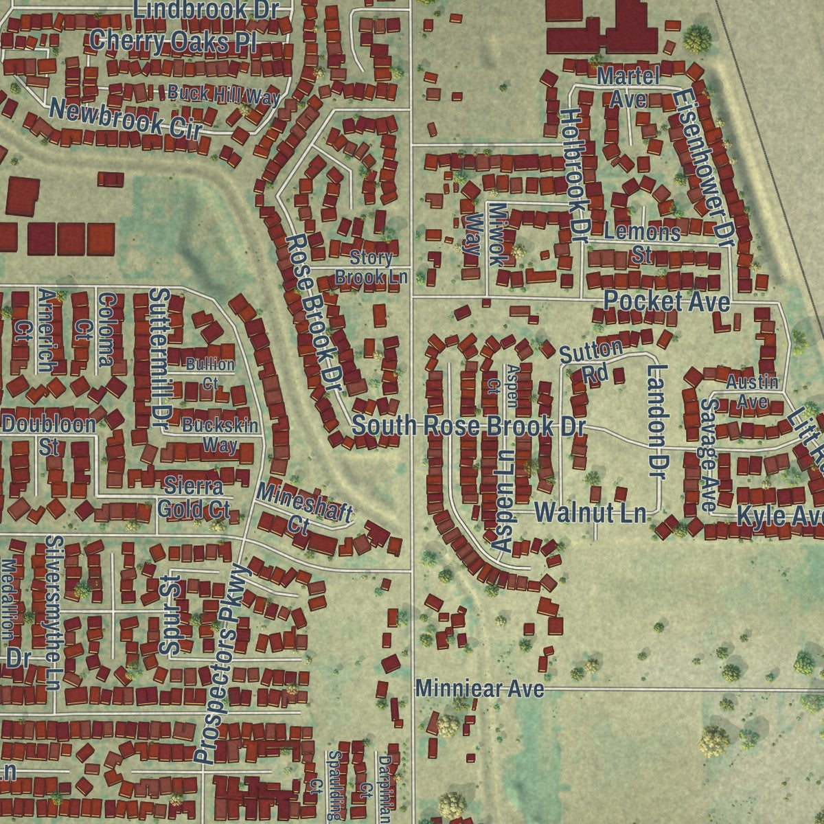 Close-up of the map of Riverbank, California print showing street and building detail