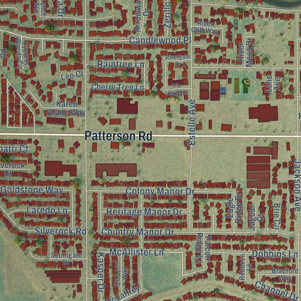 Second close-up of the map of Riverbank, California print showing more streets and buildings