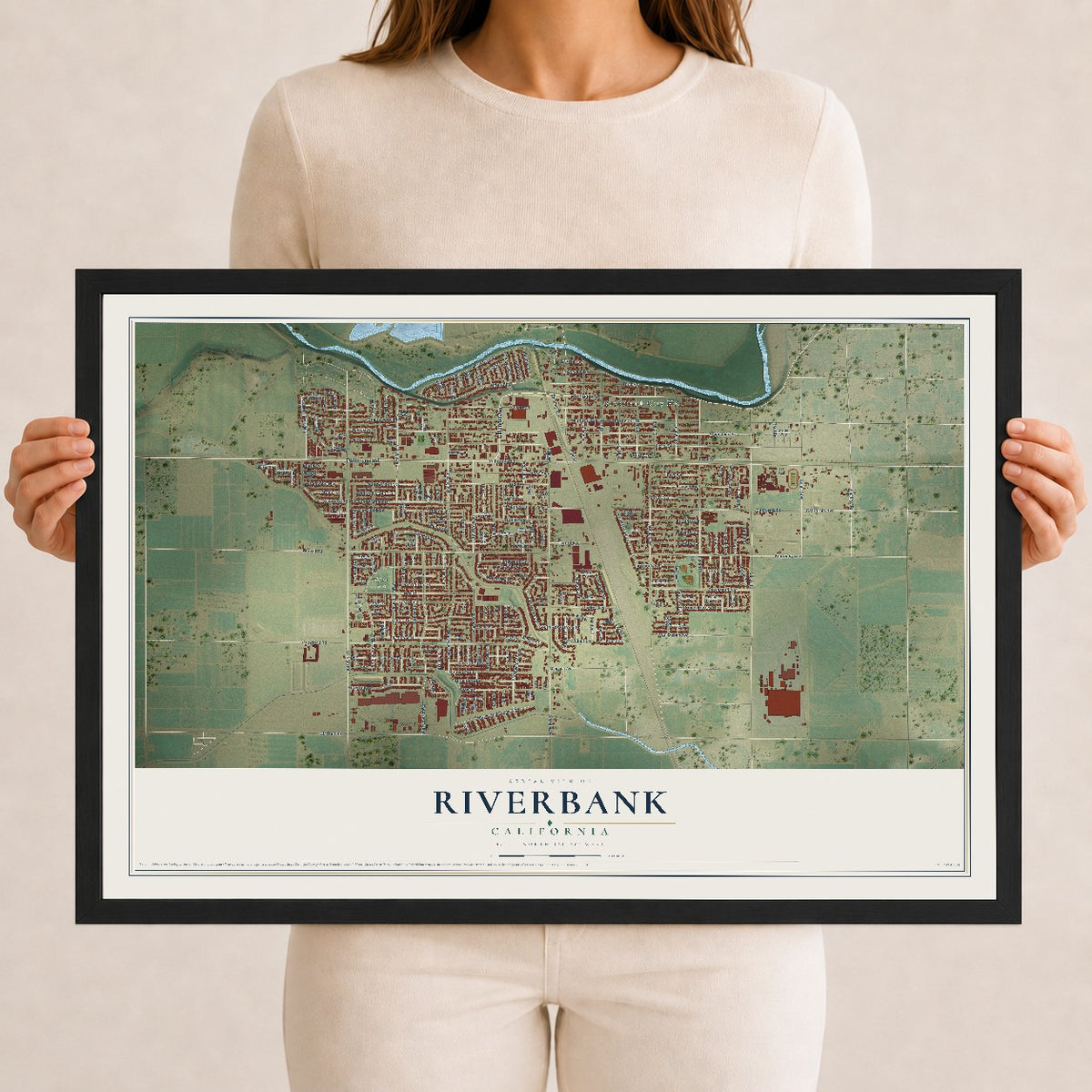 Map of Riverbank, California, 12 x 18 inch print in a black wood frame