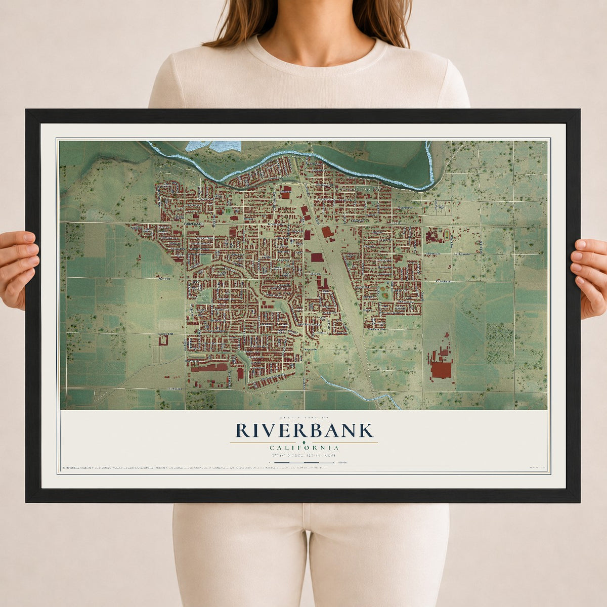 Map of Riverbank, California, 18 x 24 inch print in a black wood frame