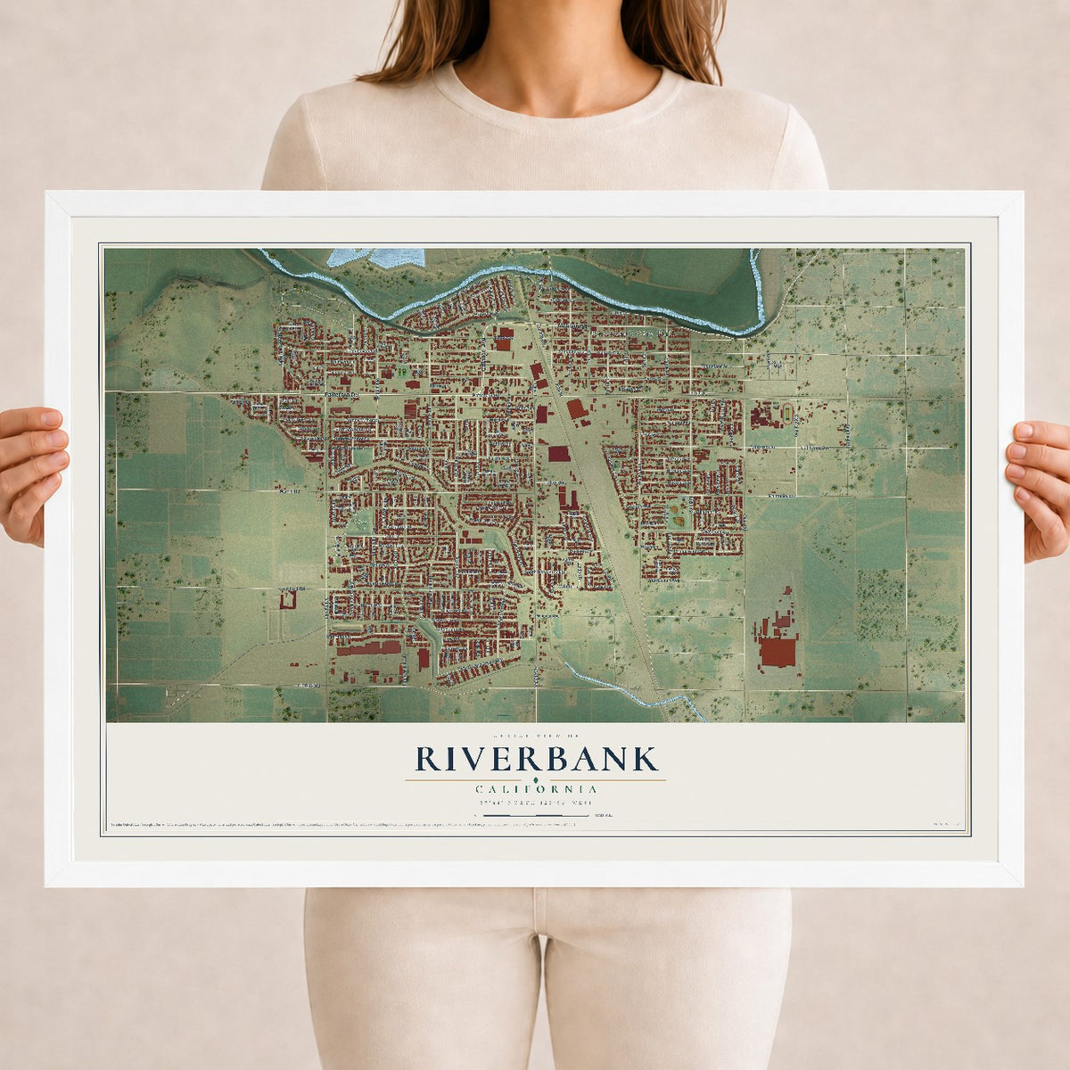 Map of Riverbank, California, 18 x 24 inch print in a white wood frame