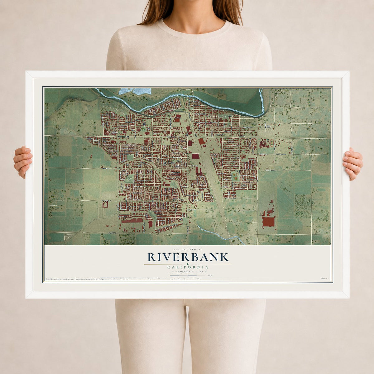 Map of Riverbank, California, 24 x 36 inch print in a white wood frame