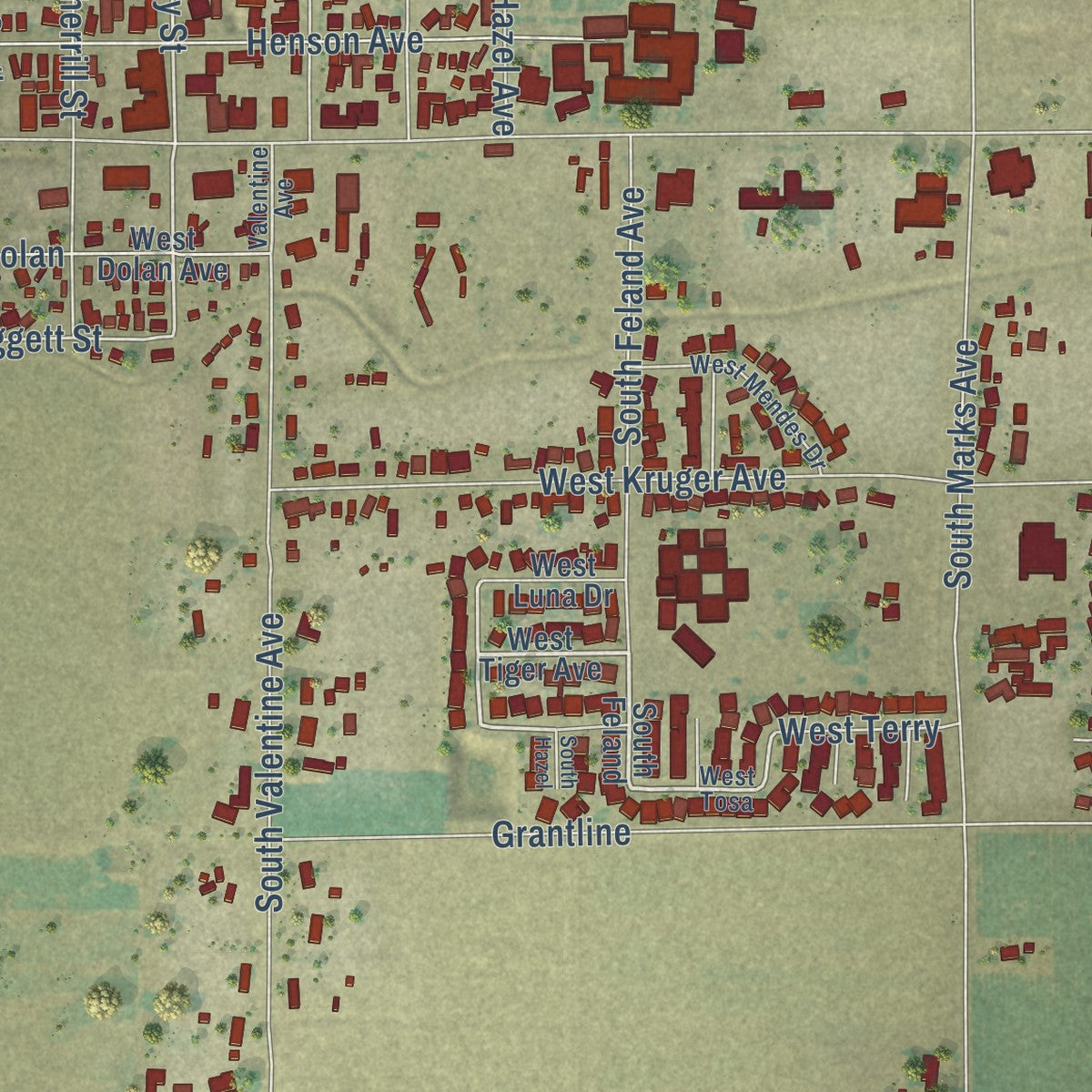 Close-up of the map of Riverdale, California print showing street and building detail