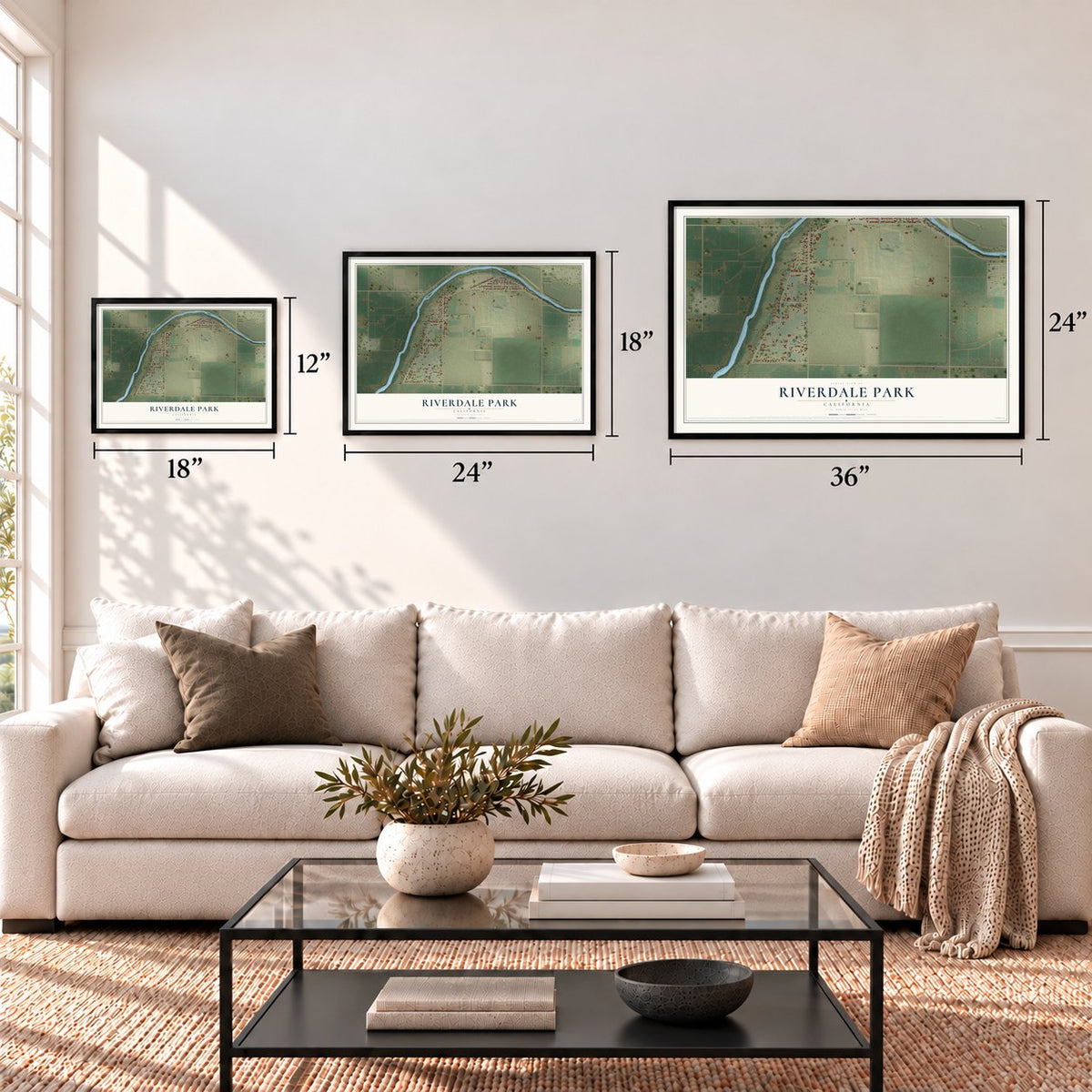 Riverdale Park, California map in 12 x 18, 18 x 24 and 24 x 36 inch sizes above a sofa