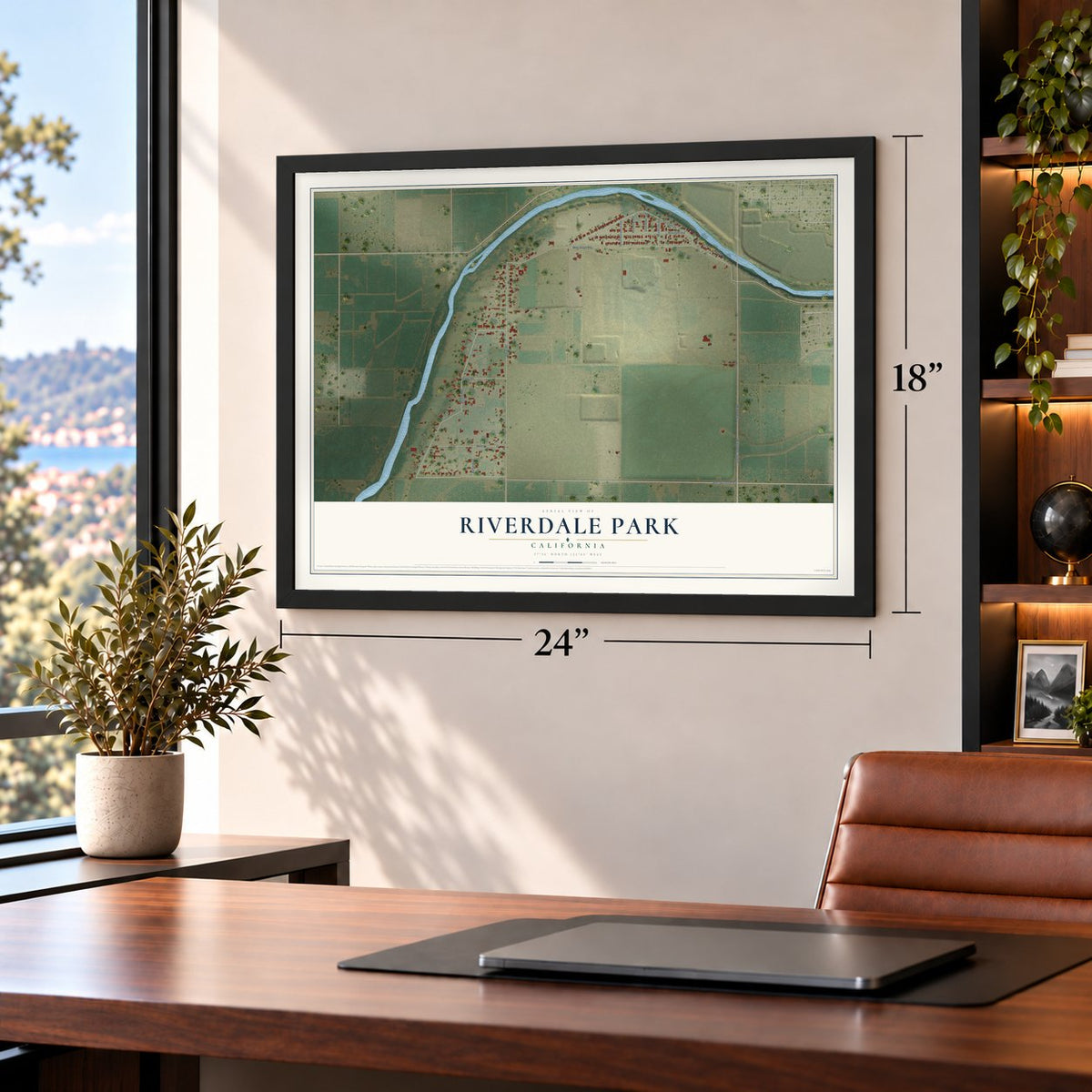 Riverdale Park, California map, 18 x 24 inch print in a black frame in a home office