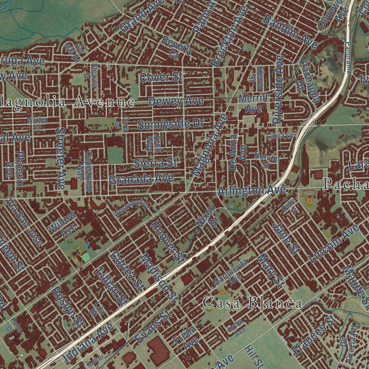 Close-up of the map of Riverside, California print showing street and building detail