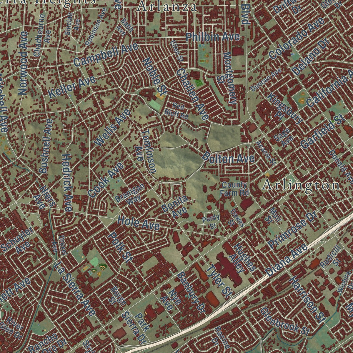 Second close-up of the map of Riverside, California print showing more streets and buildings