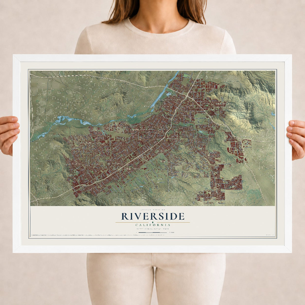 Map of Riverside, California, 18 x 24 inch print in a white wood frame