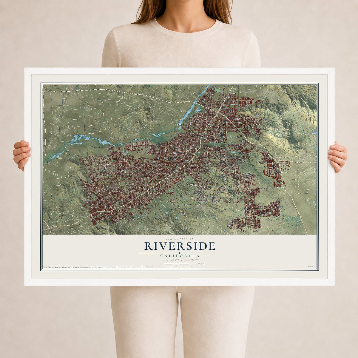 Map of Riverside, California, 24 x 36 inch print in a white wood frame