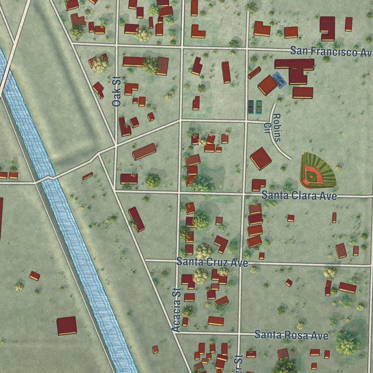 Close-up of the map of Robbins, California print showing street and building detail