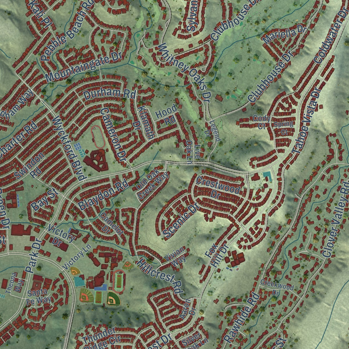 Close-up of the map of Rocklin, California print showing street and building detail