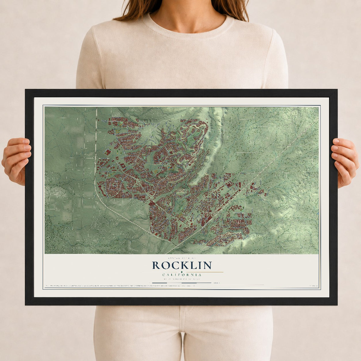 Map of Rocklin, California, 12 x 18 inch print in a black wood frame