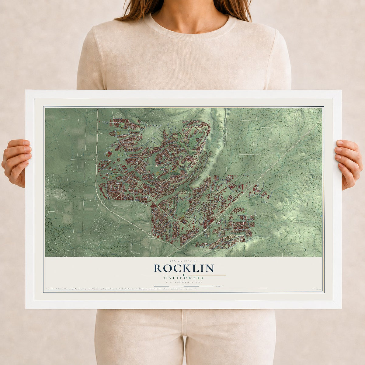 Map of Rocklin, California, 12 x 18 inch print in a white wood frame