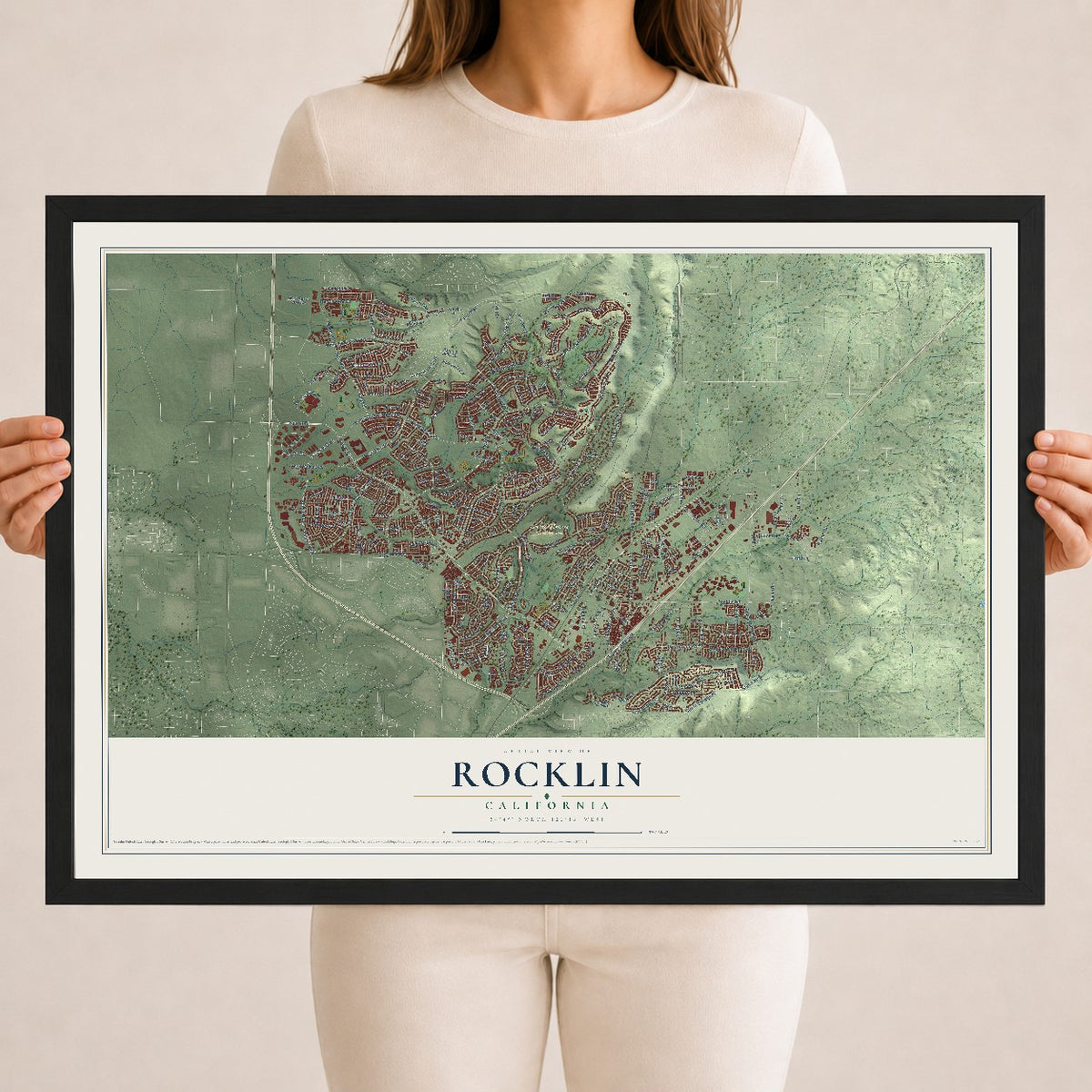 Map of Rocklin, California, 18 x 24 inch print in a black wood frame