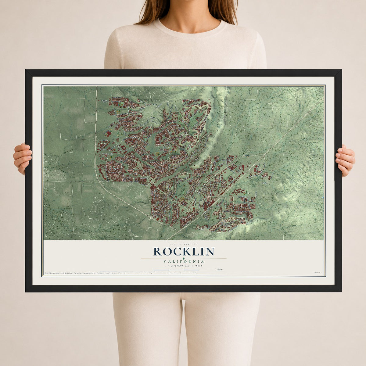 Map of Rocklin, California, 24 x 36 inch print in a black wood frame