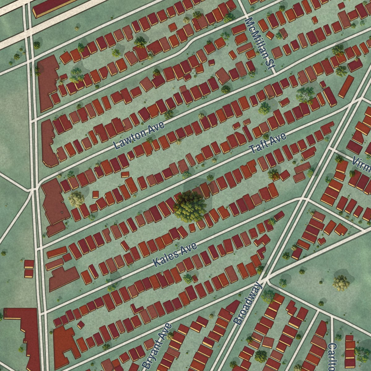 Close-up of the map of Rockridge, California print showing street and building detail