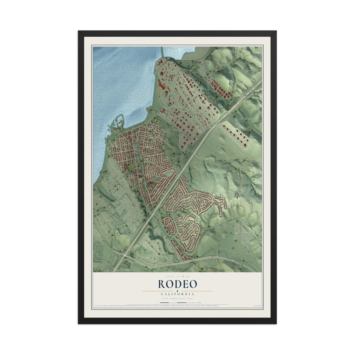Map of Rodeo, California, 12 x 18 inch print in a black wood frame
