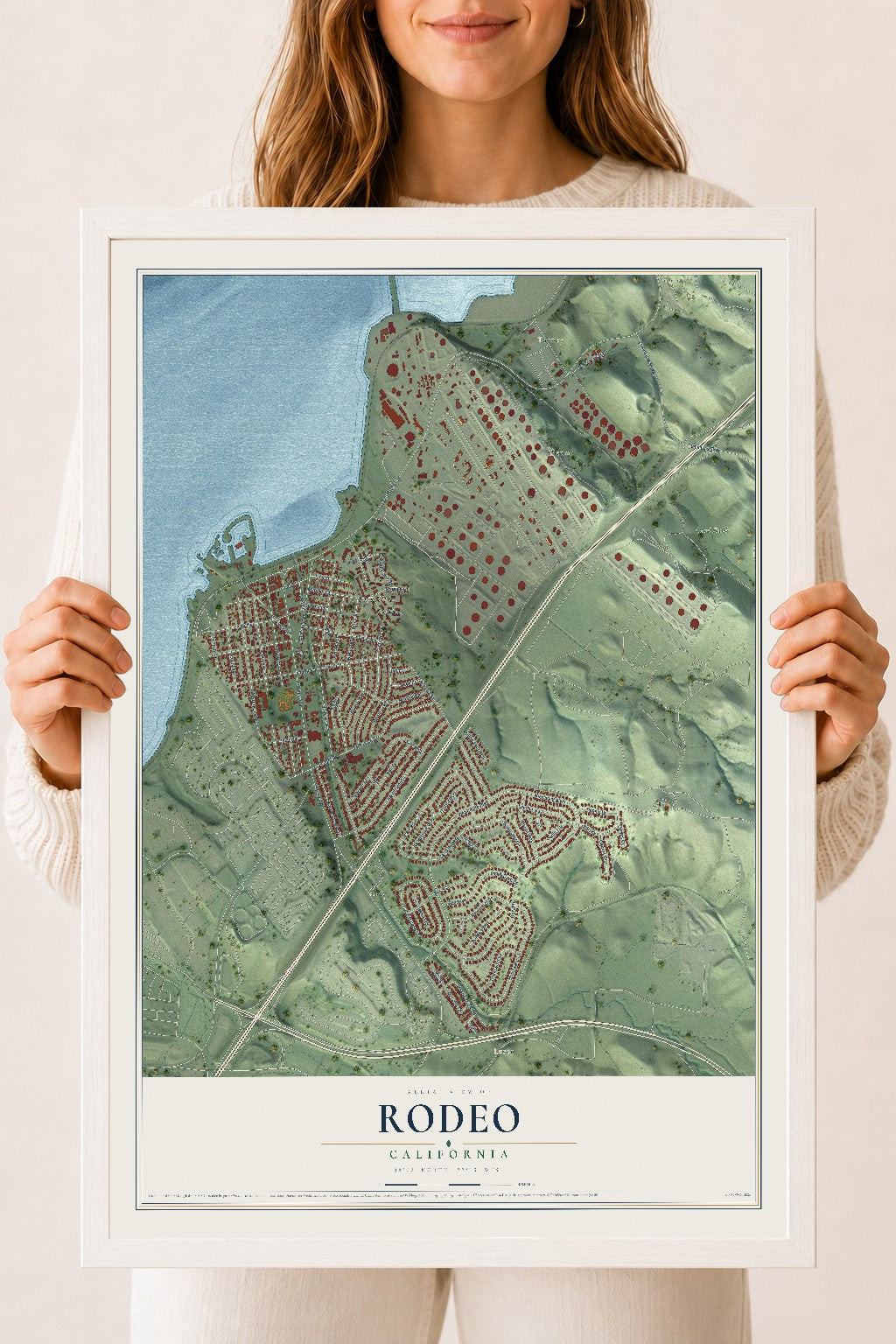 Map of Rodeo, California, 18 x 24 inch print in a white wood frame