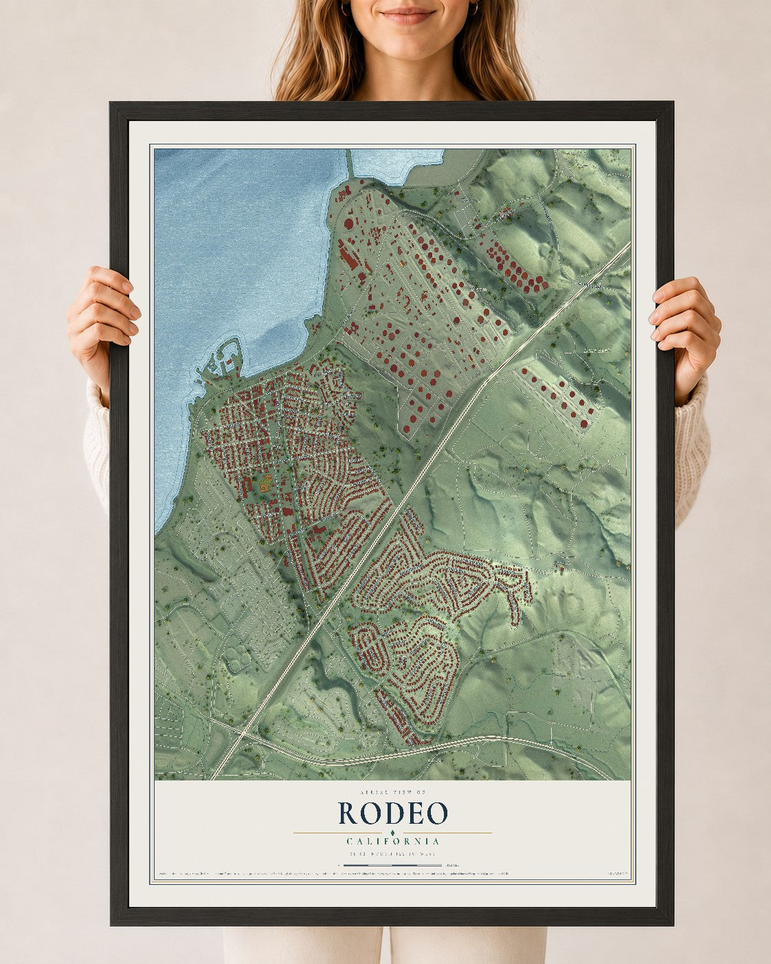 Map of Rodeo, California, 24 x 36 inch print in a black wood frame