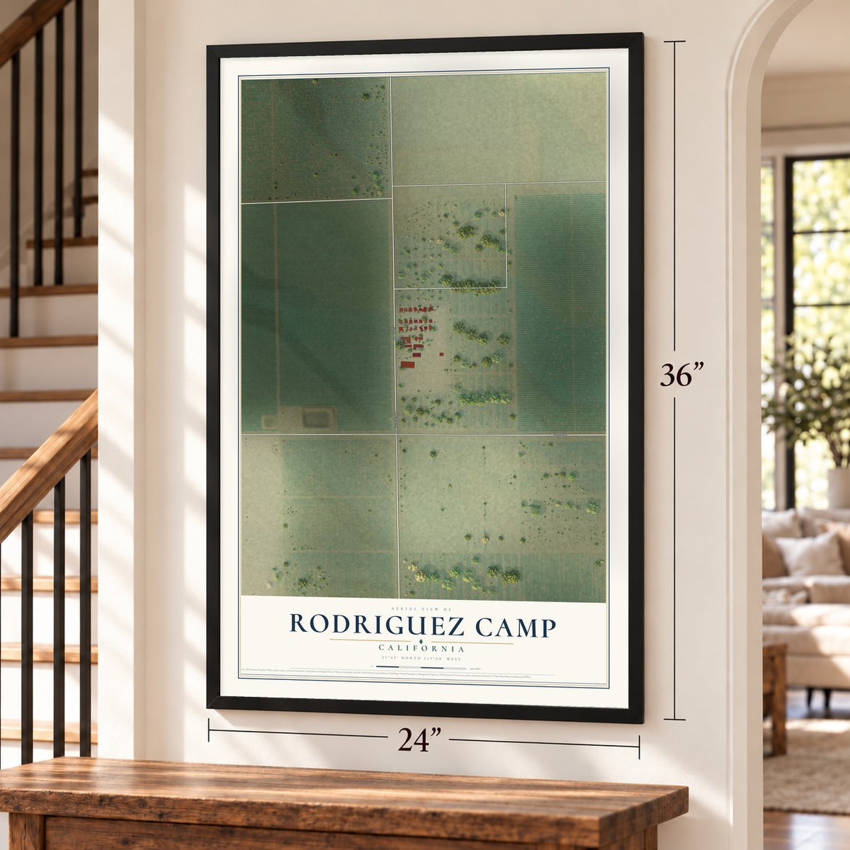 Rodriguez Camp, California map, 24 x 36 inch print in a black frame by a staircase
