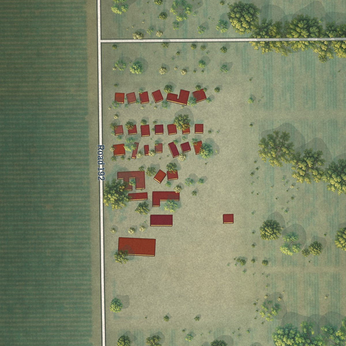 Close-up of the map of Rodriguez Camp, California print showing street and building detail