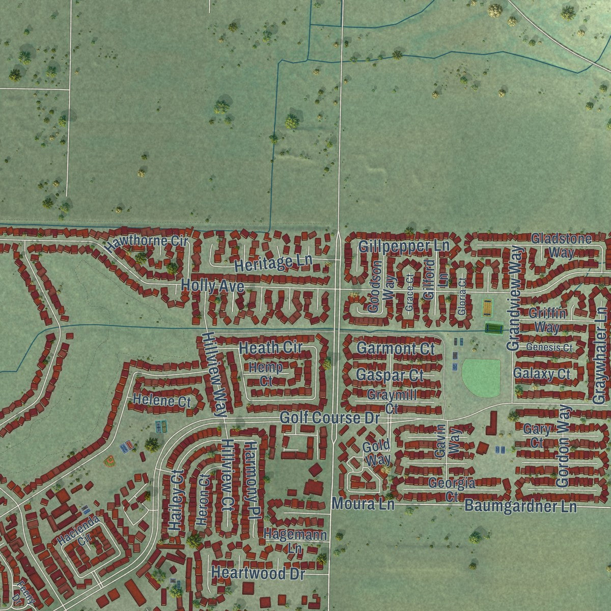 Second close-up of the map of Rohnert Park, California print showing more streets and buildings