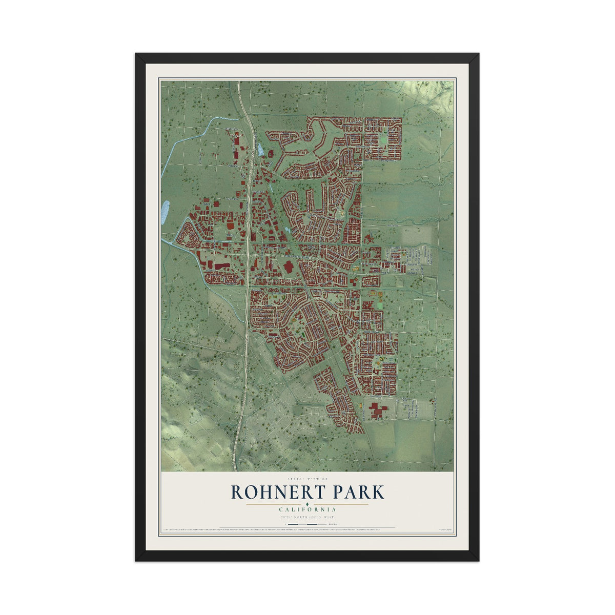 Map of Rohnert Park, California, 12 x 18 inch print in a black wood frame