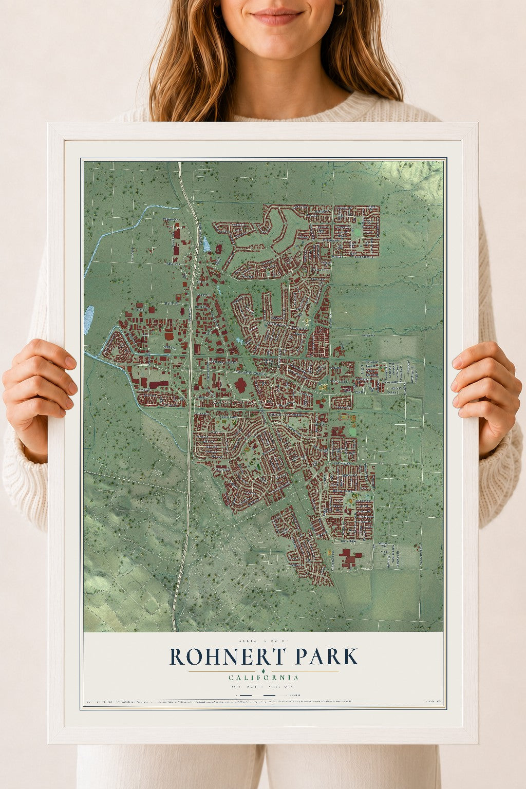 Map of Rohnert Park, California, 18 x 24 inch print in a white wood frame