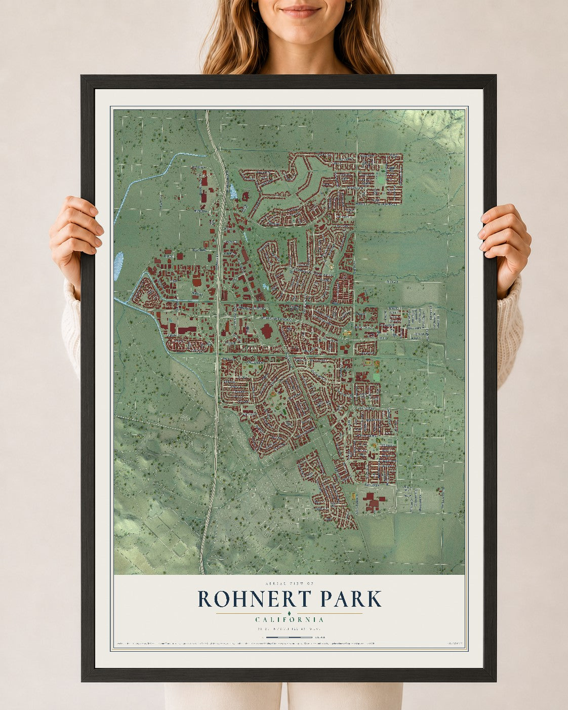 Map of Rohnert Park, California, 24 x 36 inch print in a black wood frame