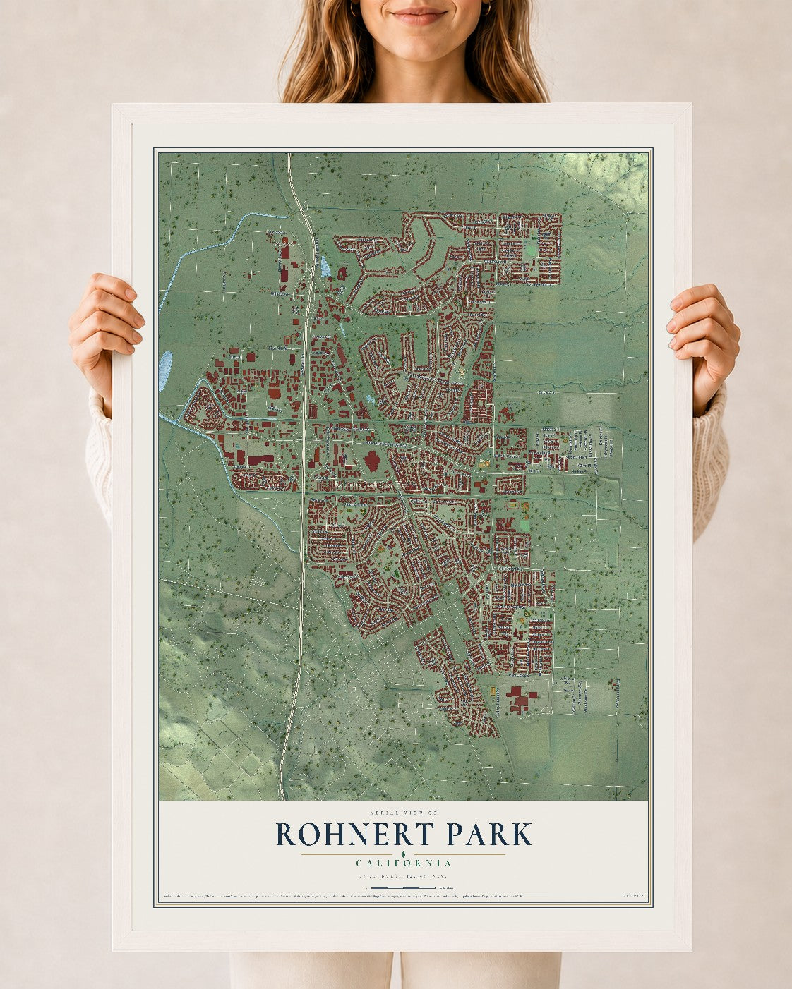 Map of Rohnert Park, California, 24 x 36 inch print in a white wood frame