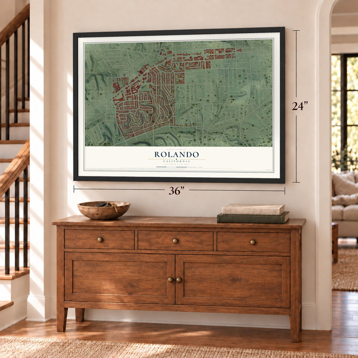 Rolando, California map, 24 x 36 inch print in a black frame above a dresser by a staircase