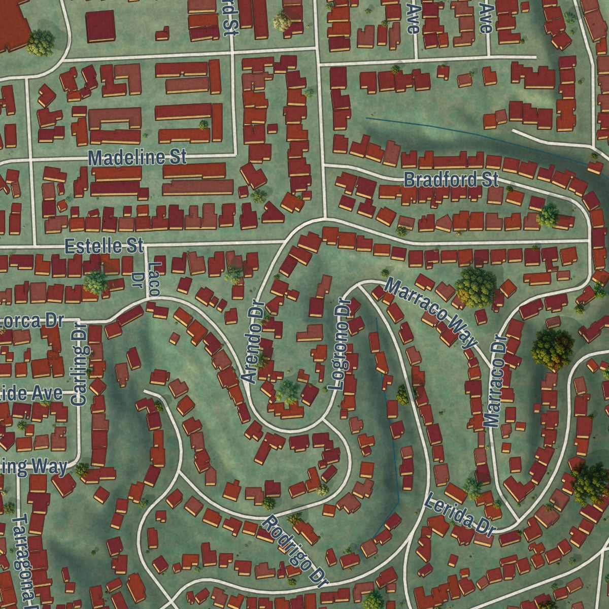 Close-up of the map of Rolando, California print showing street and building detail