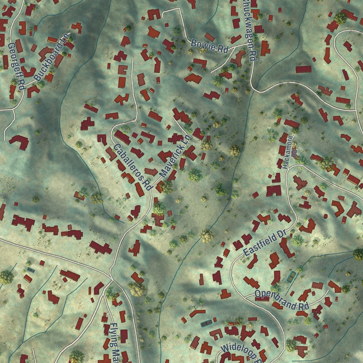 Close-up of the map of Rolling Hills, California print showing street and building detail