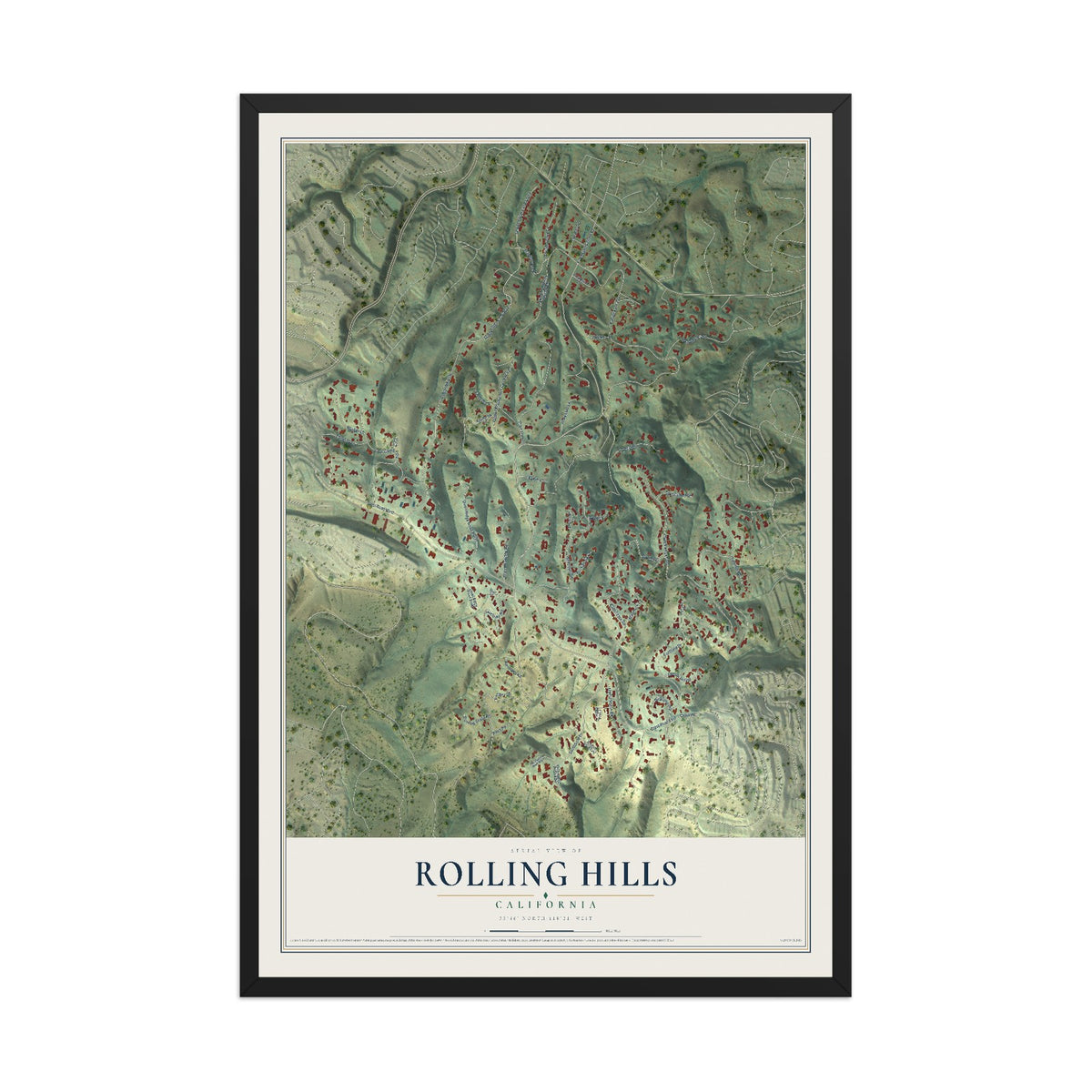 Map of Rolling Hills, California, 12 x 18 inch print in a black wood frame