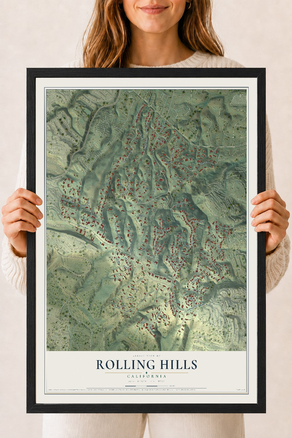 Map of Rolling Hills, California, 18 x 24 inch print in a black wood frame