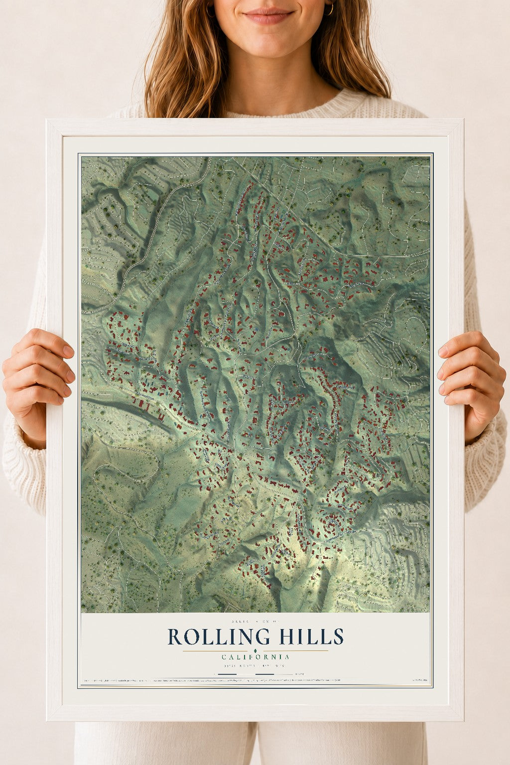 Map of Rolling Hills, California, 18 x 24 inch print in a white wood frame