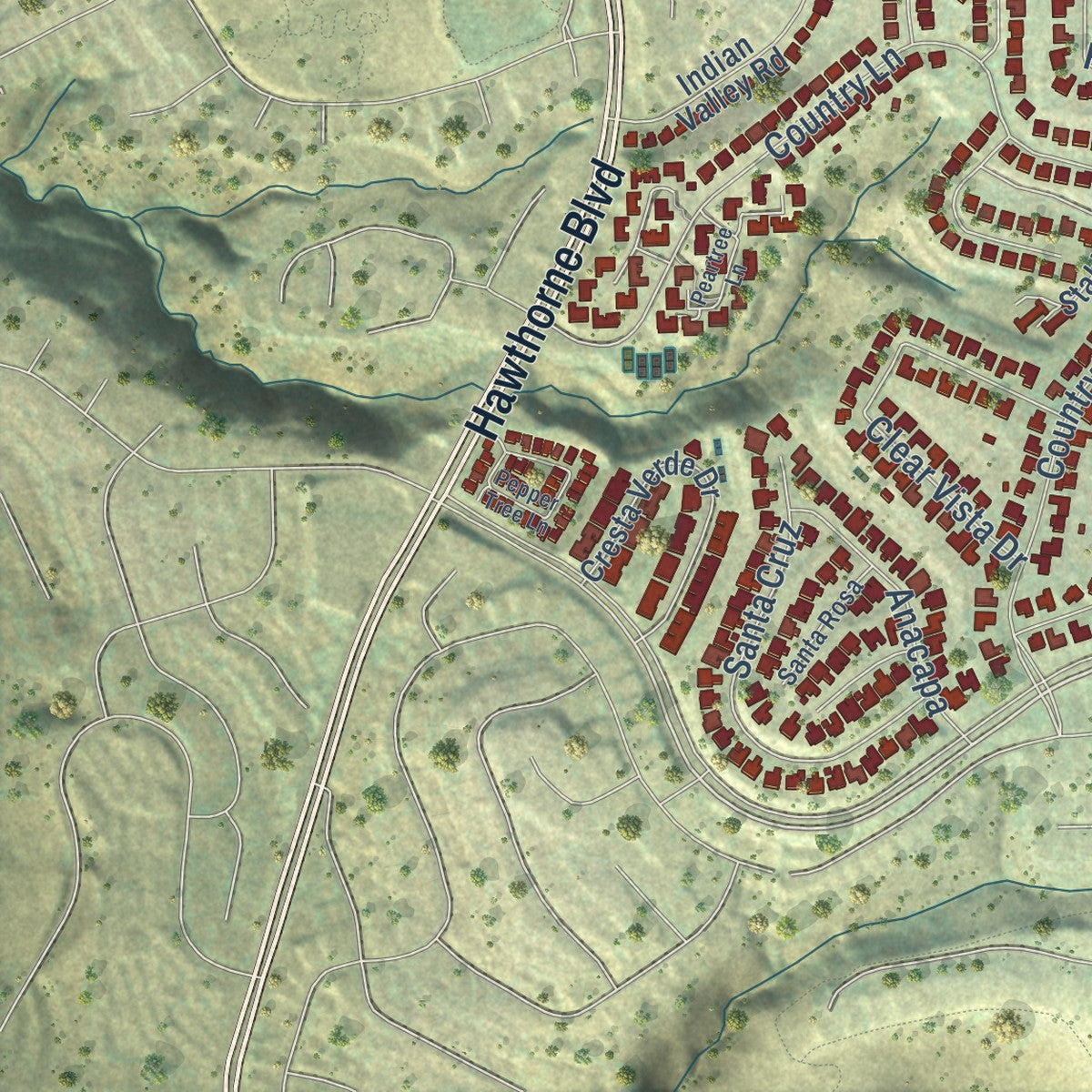 Close-up of the map of Rolling Hills Estates, California print showing street and building detail